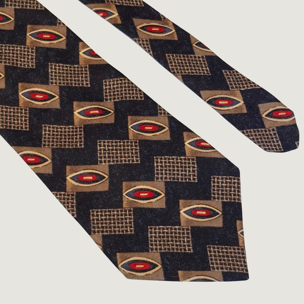 Perry Ellis Portfolio Tie Navy Blue Red Geometric Silk Vintage Wide 56x4"